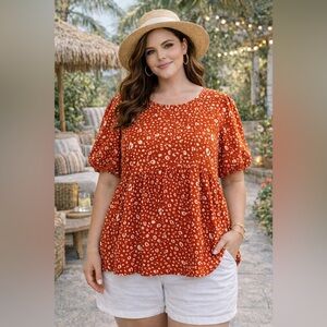 SHEIN Curve 3XL Rust Orange Animal Print Babydoll Blouse Puff Sleeve Top